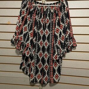 Emma Rose Aztec Print Off The Shoulder Ruffle Sleeve Tunic Top Women tribal Sz L